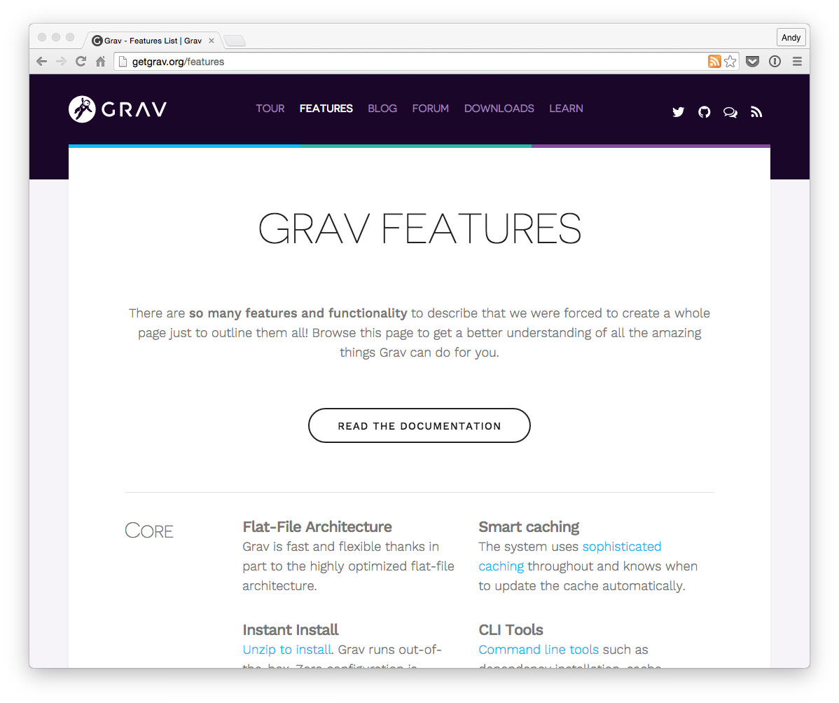 Страница на официальном сайте с описанием возможностей Grav