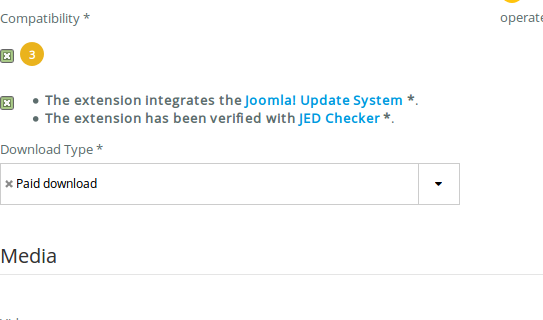 Форма редактирования расширения на JED: требование Системы Обновлений Joomla