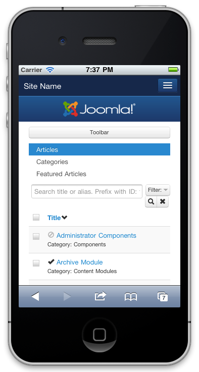 Joomla 3 на мобильном устройстве в действии