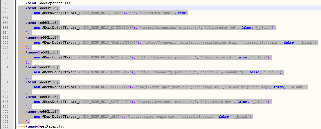 Настройка справки в панели управления Joomla - оригинальный файл default_enabled.php