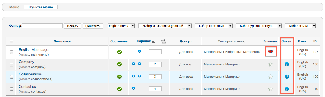 Пункты меню языковой версии и их связи с пунктами других языков в Joomla