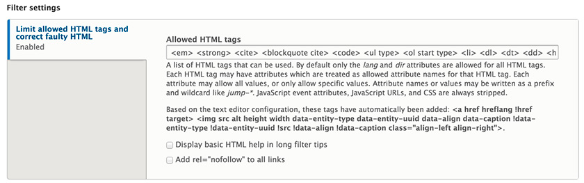 Включенные фильтры для Limit allowed HTML tags