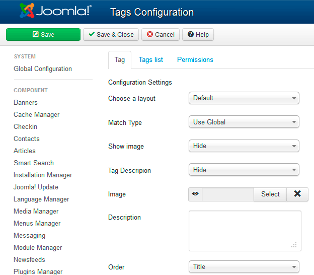 Теги в Joomla - настройки компонента com_tags