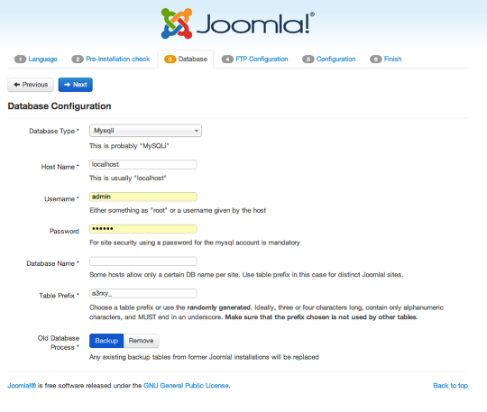 Процесс установки Joomla 3 - шаг 1