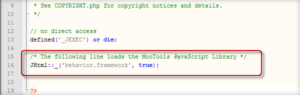 Добавляем PHP код для загрузки библиотеки Mootools.