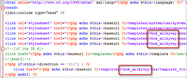 Заменяем текст rhuk_milkyway в шаблоне на php код.